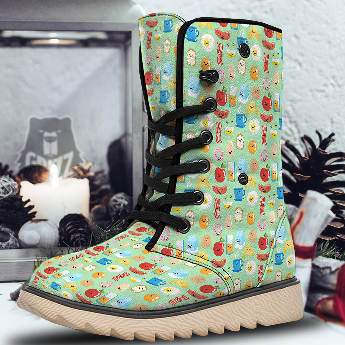 Breakfast Cartoon Print Pattern Snow Boots-grizzshop