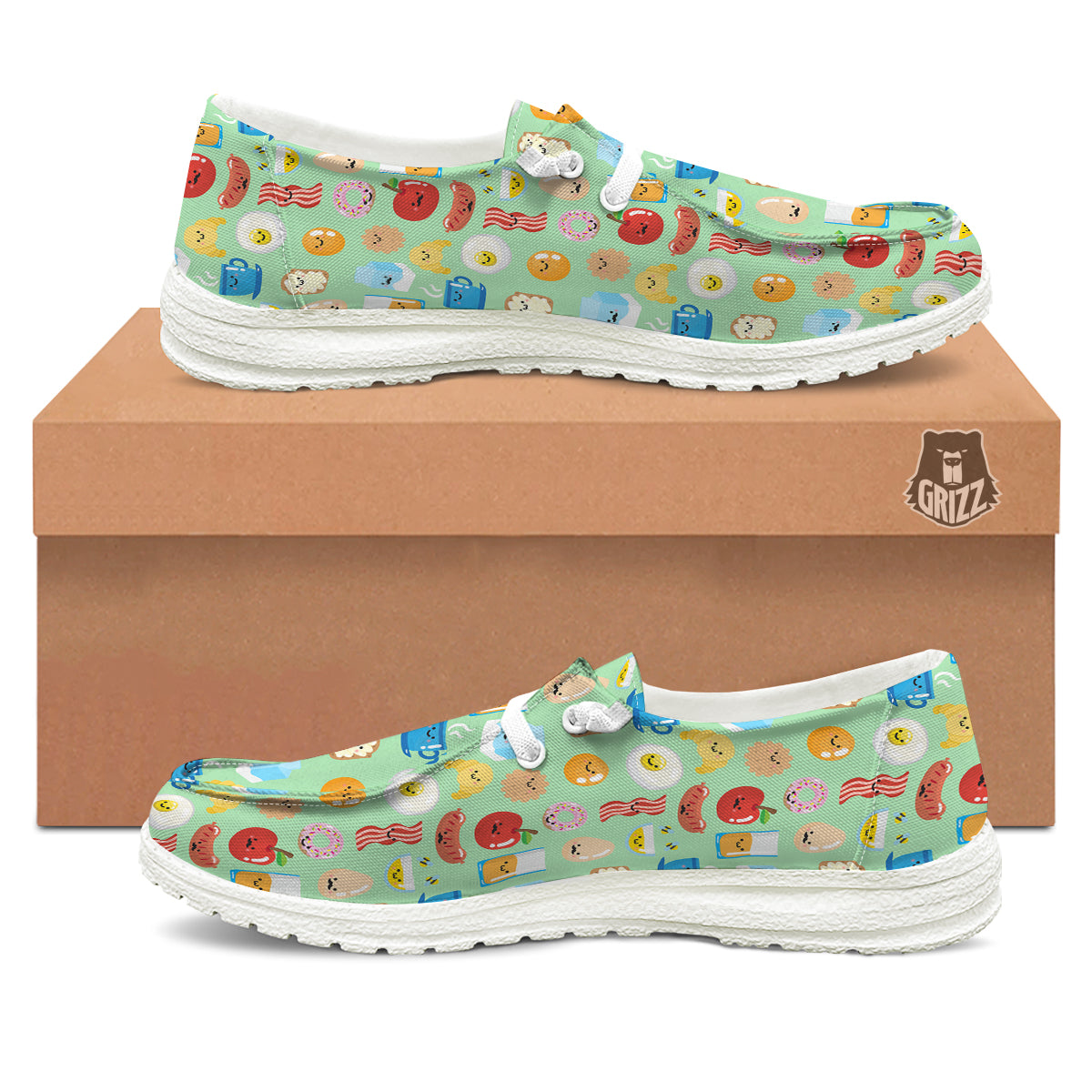Breakfast Cartoon Print Pattern White Loafers-grizzshop