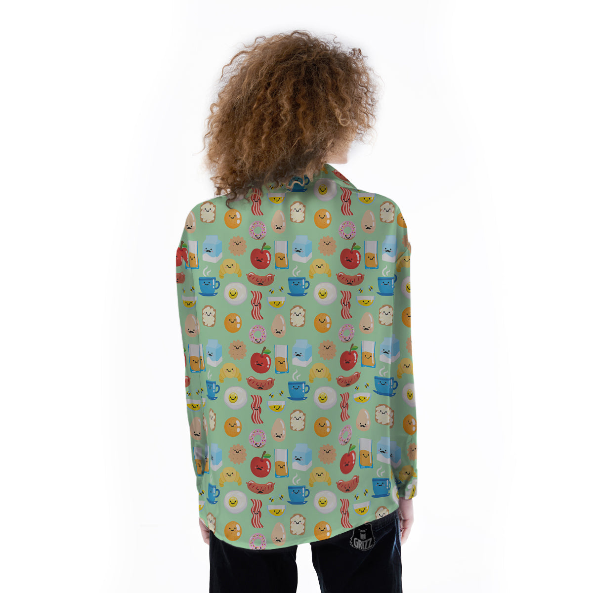 Breakfast Cartoon Print Pattern Women's Long Sleeve Shirts-grizzshop