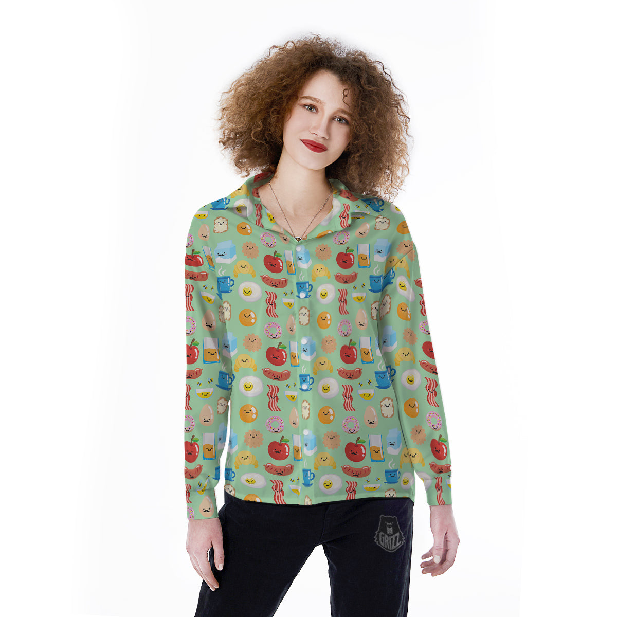 Breakfast Cartoon Print Pattern Women's Long Sleeve Shirts-grizzshop