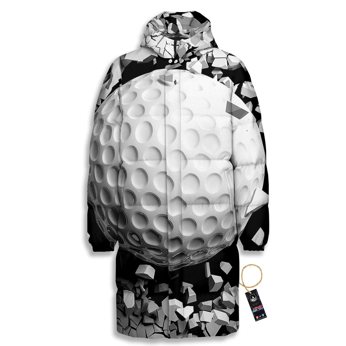 Breaking Wall Golf Ball Print Long Down Jacket-grizzshop
