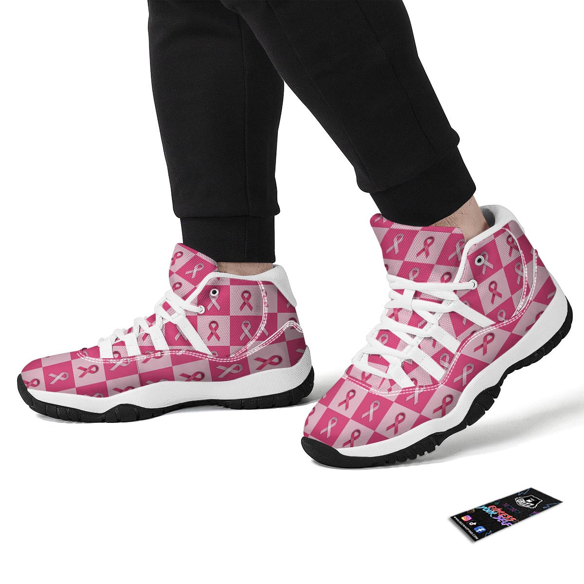 Breast Cancer Awareness Pink Ribbon Pattern Print White Bball Shoes-grizzshop