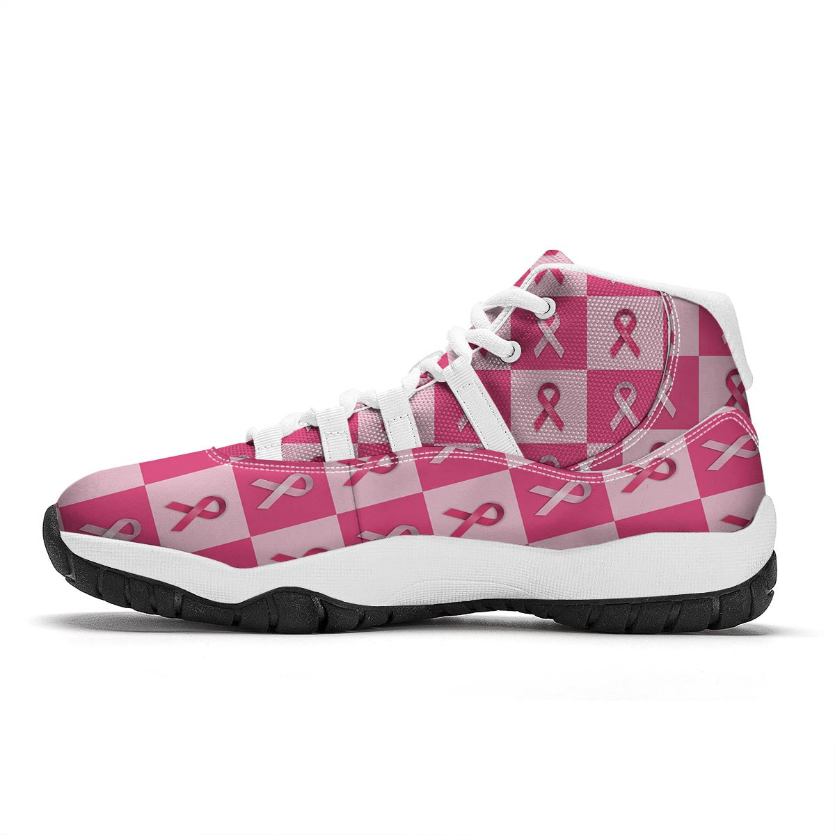 Breast Cancer Awareness Pink Ribbon Pattern Print White Bball Shoes-grizzshop