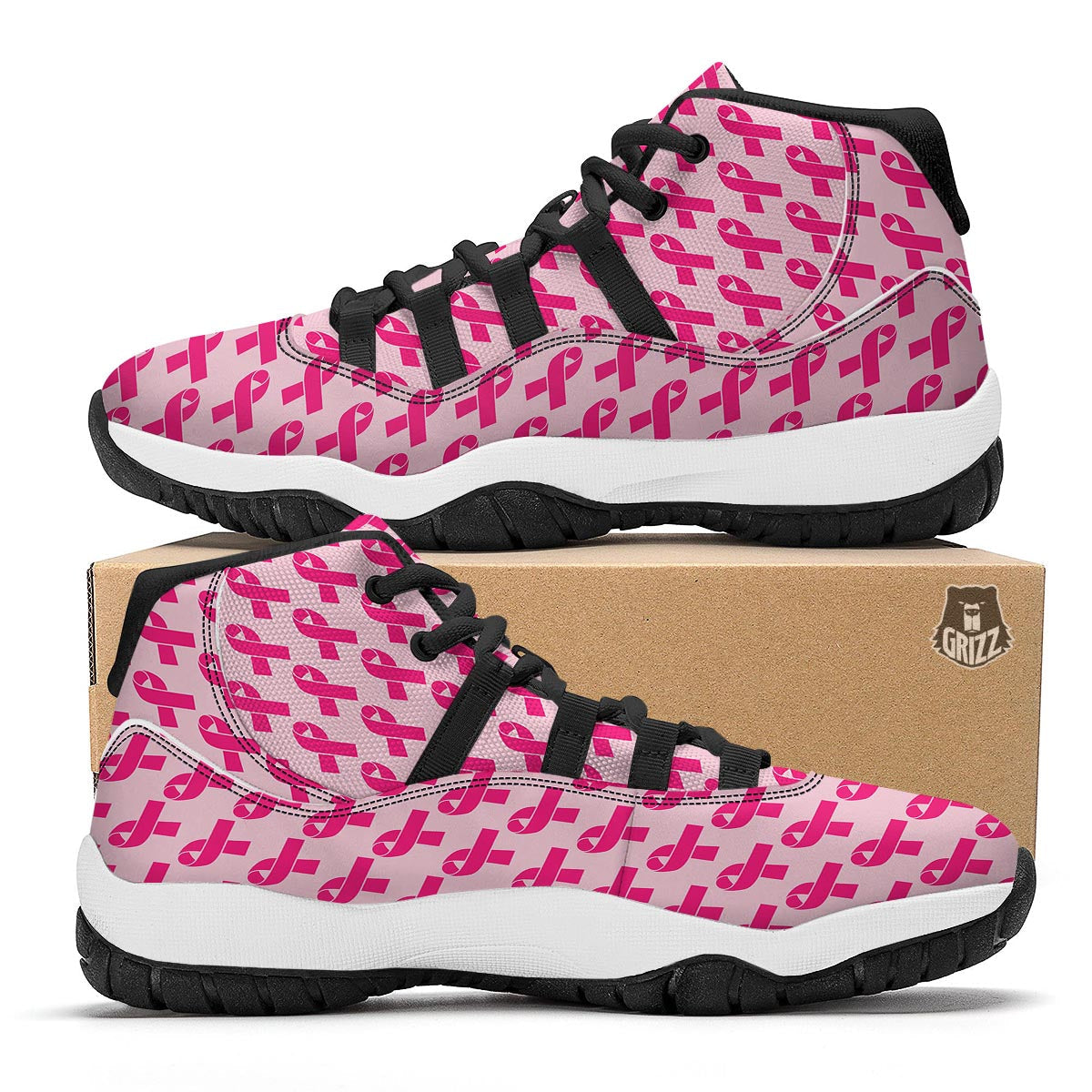 Breast Cancer Awareness Pink Ribbon Print Pattern Black Bball Shoes-grizzshop