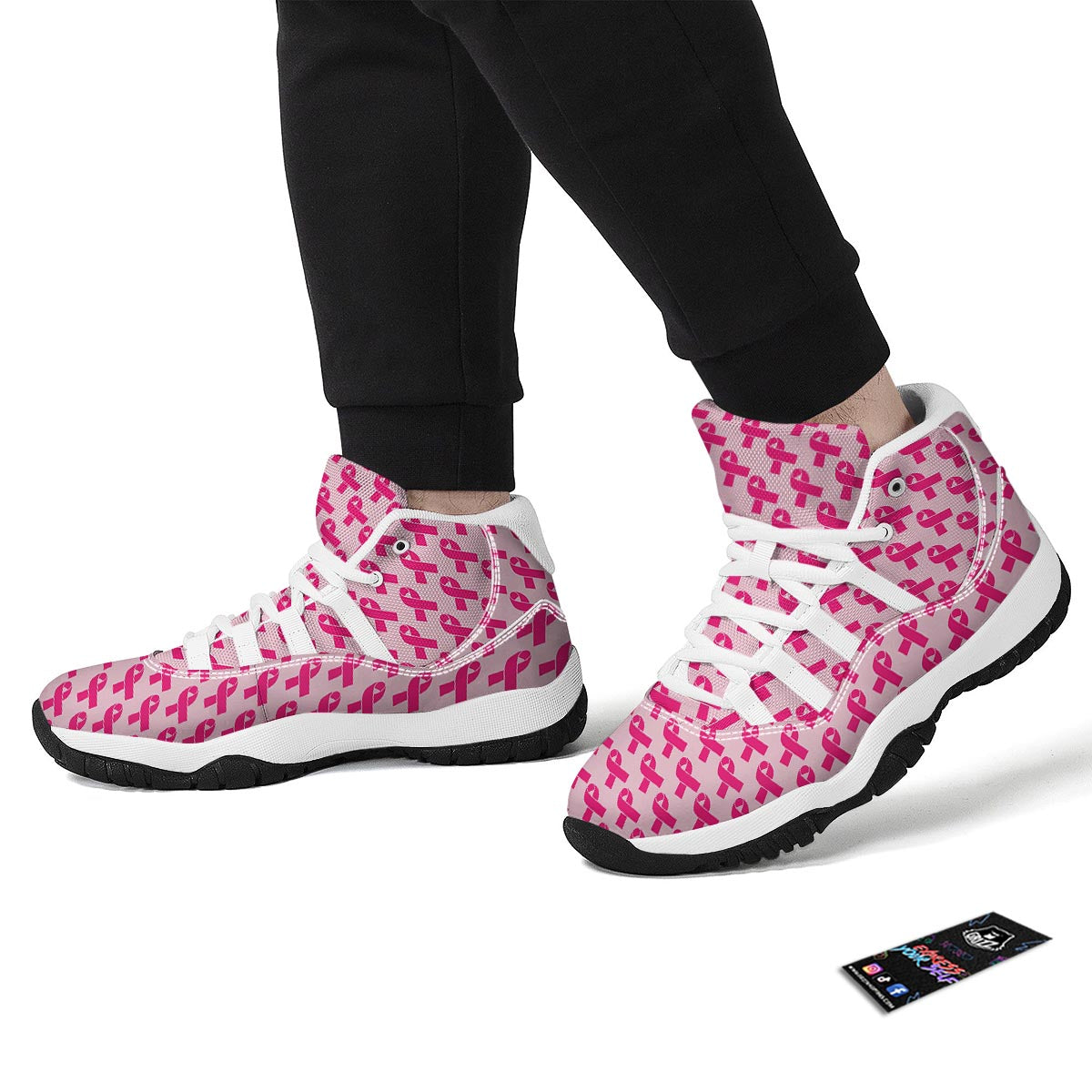Breast Cancer Awareness Pink Ribbon Print Pattern White Bball Shoes-grizzshop