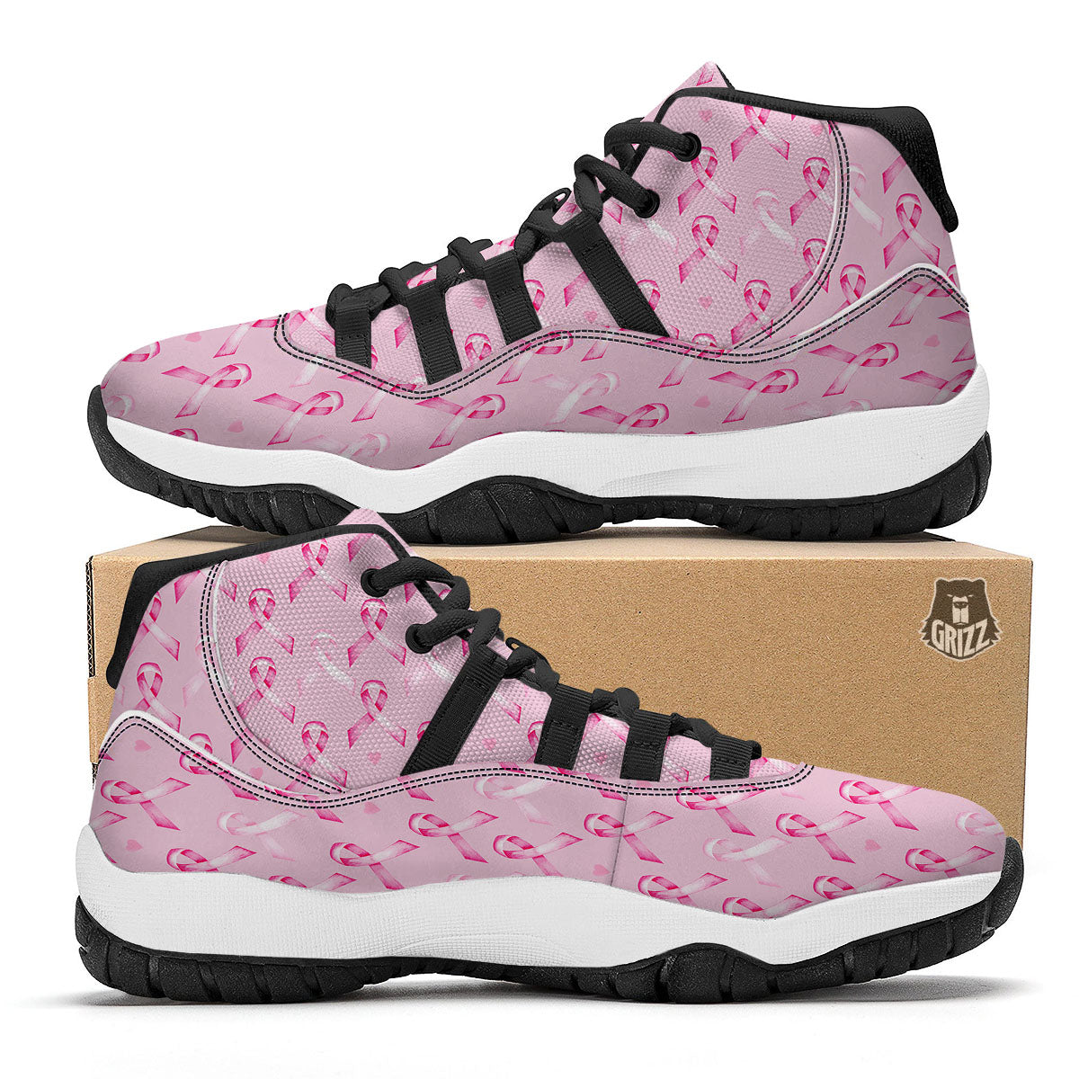 Breast Cancer Awareness Print Pattern Black Bball Shoes-grizzshop