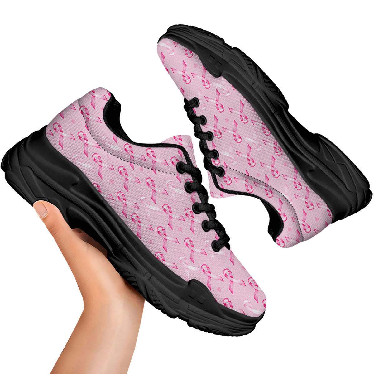 Breast Cancer Awareness Print Pattern Black Chunky Shoes-grizzshop