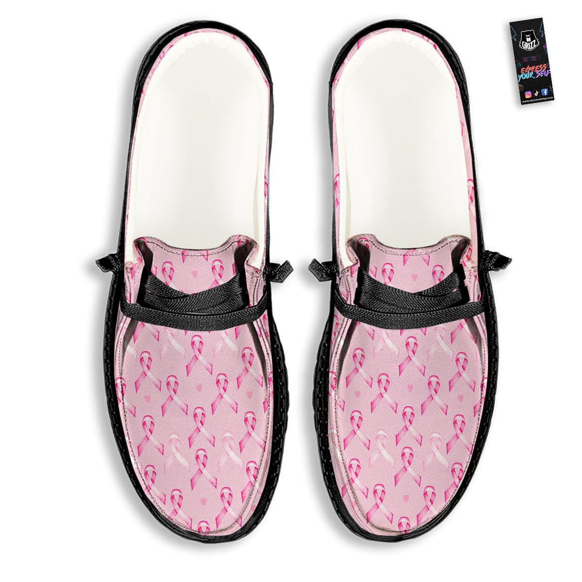 Breast Cancer Awareness Print Pattern Black Loafers-grizzshop