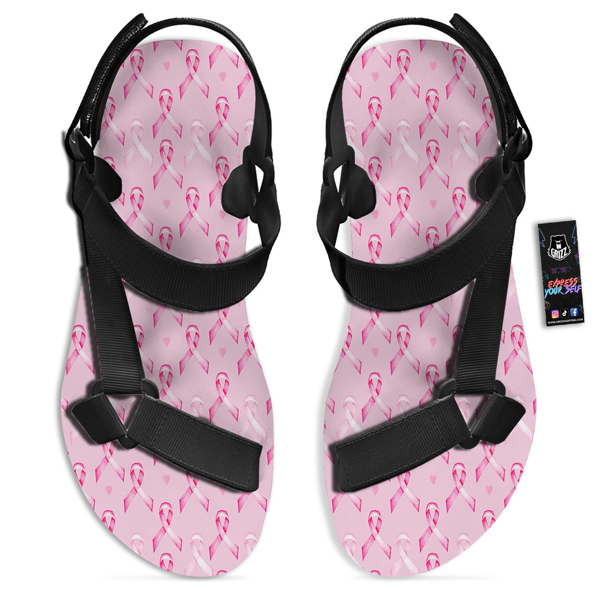 Breast Cancer Awareness Print Pattern Black Open Toe Sandals-grizzshop