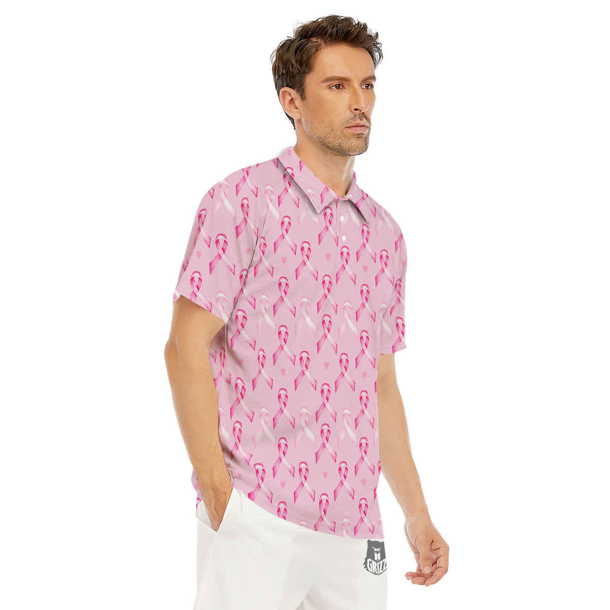 Breast Cancer Awareness Print Pattern Men's Golf Shirts-grizzshop