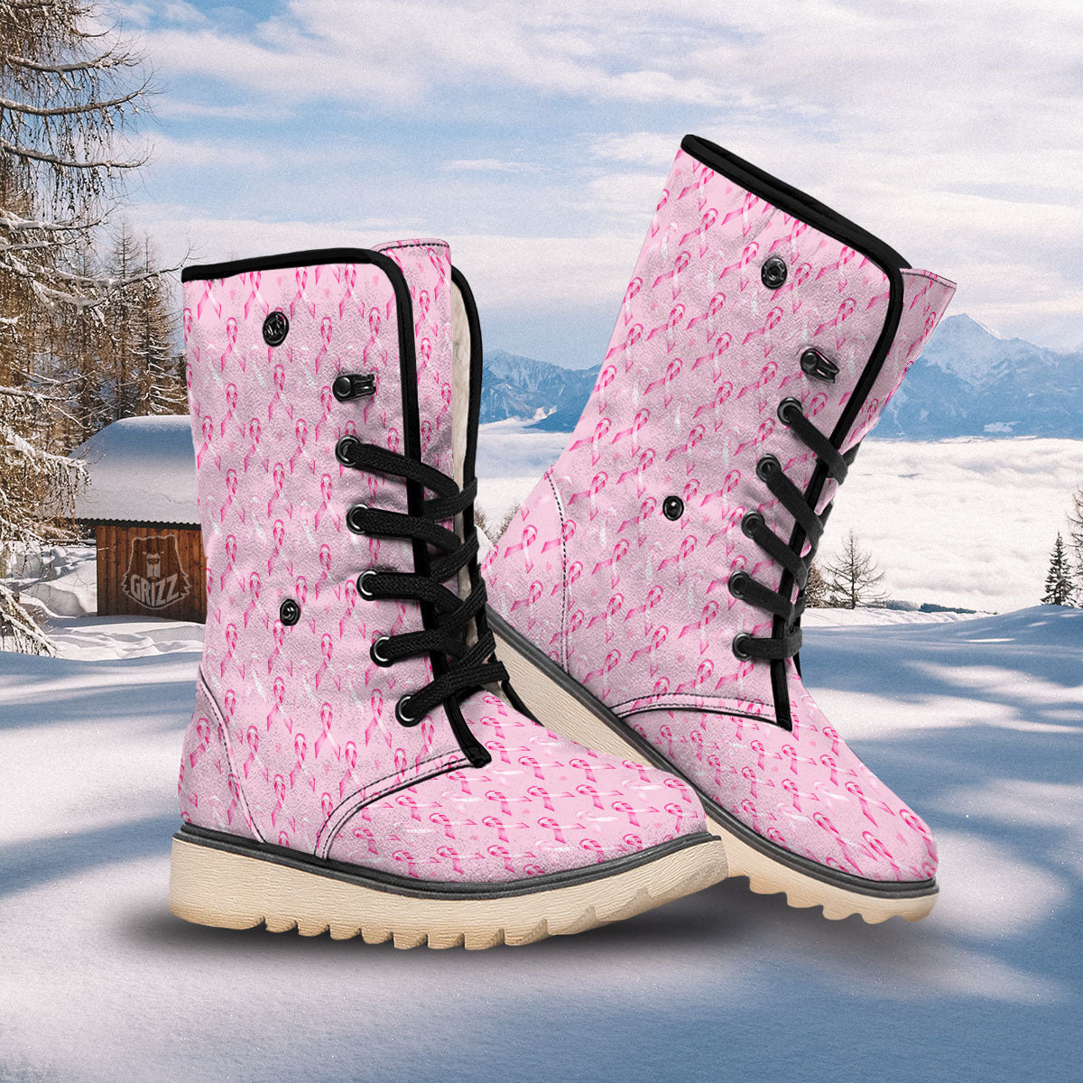 Breast Cancer Awareness Print Pattern Snow Boots-grizzshop