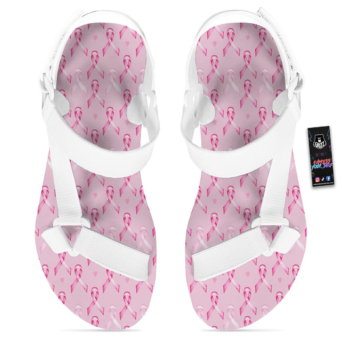 Breast Cancer Awareness Print Pattern White Open Toe Sandals-grizzshop