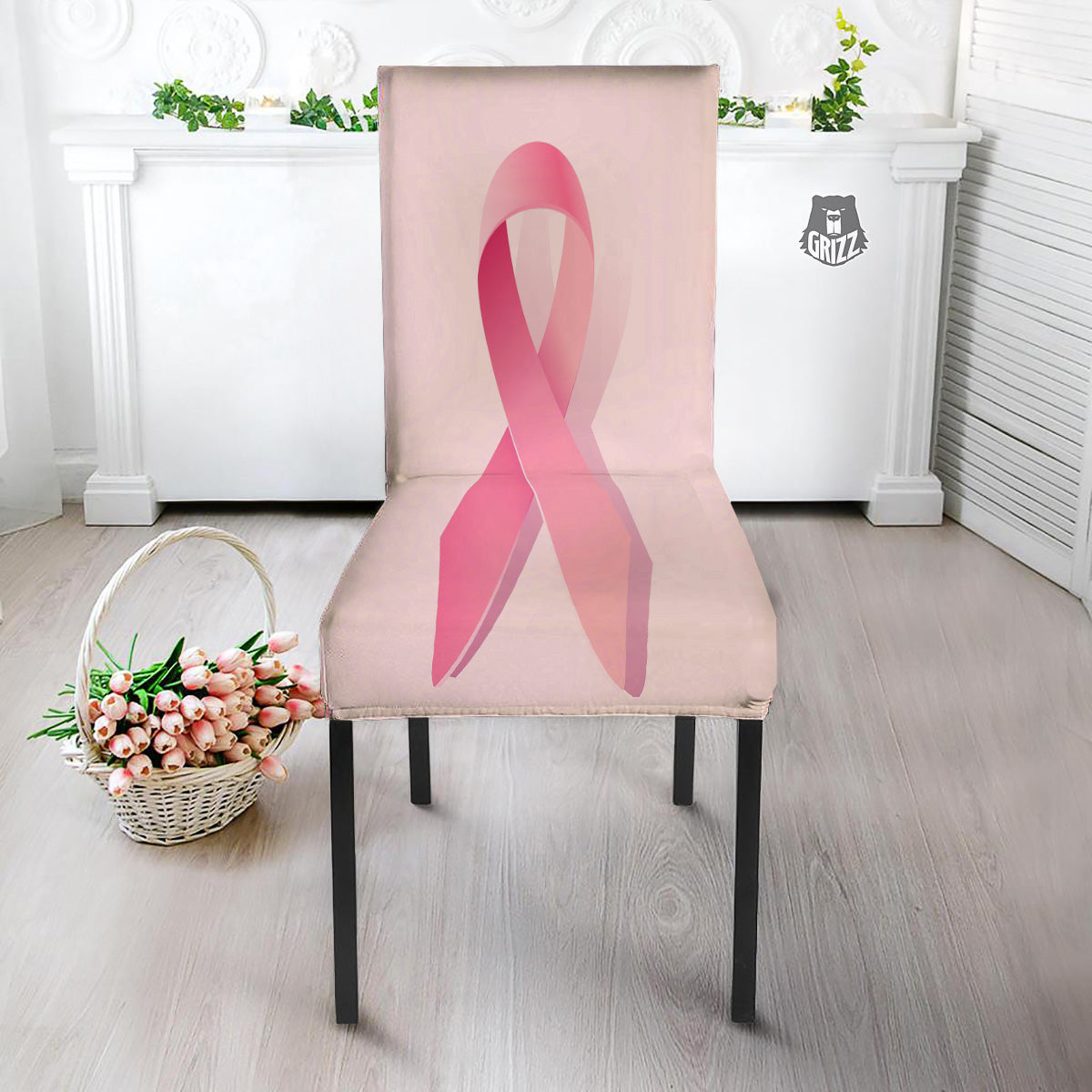 Breast Cancer Awareness Ribbon Print Dining Chair Slipcover-grizzshop
