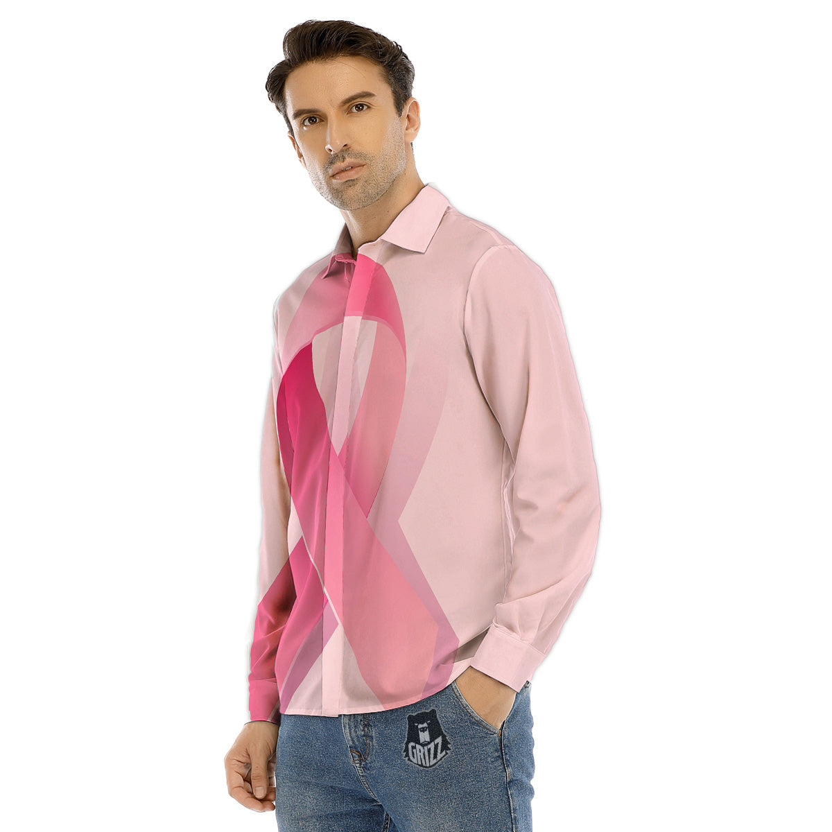 Breast Cancer Awareness Ribbon Print Men's Dress Shirts-grizzshop
