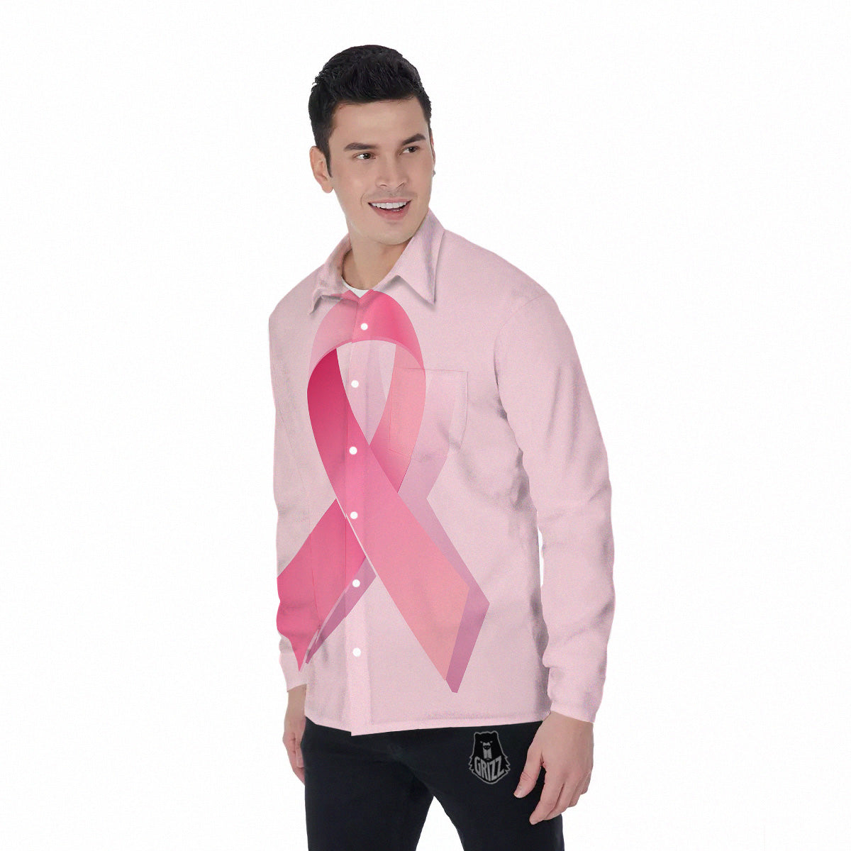 Breast Cancer Awareness Ribbon Print Men's Long Sleeve Shirts-grizzshop