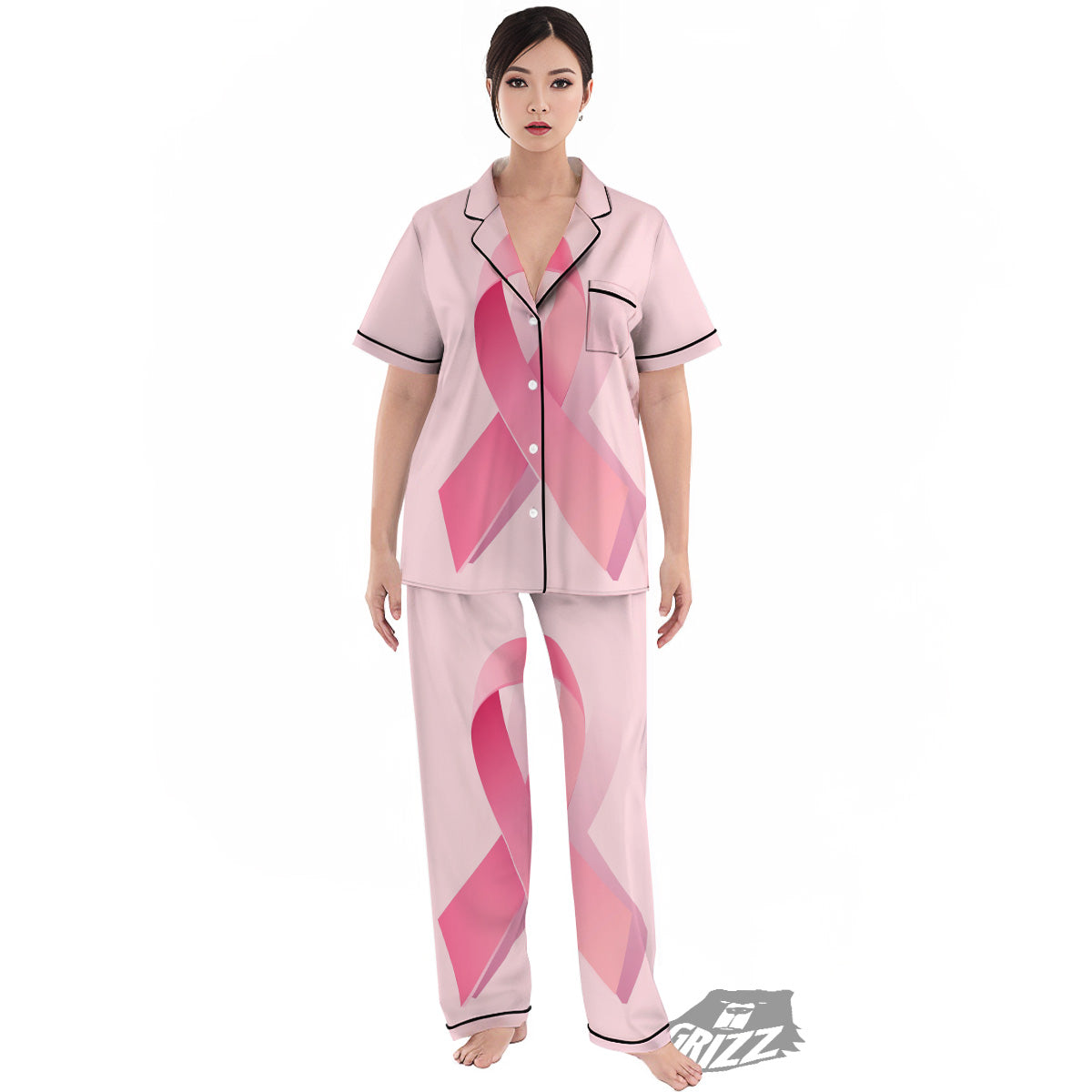Breast Cancer Awareness Ribbon Print Women's Pajamas Set-grizzshop