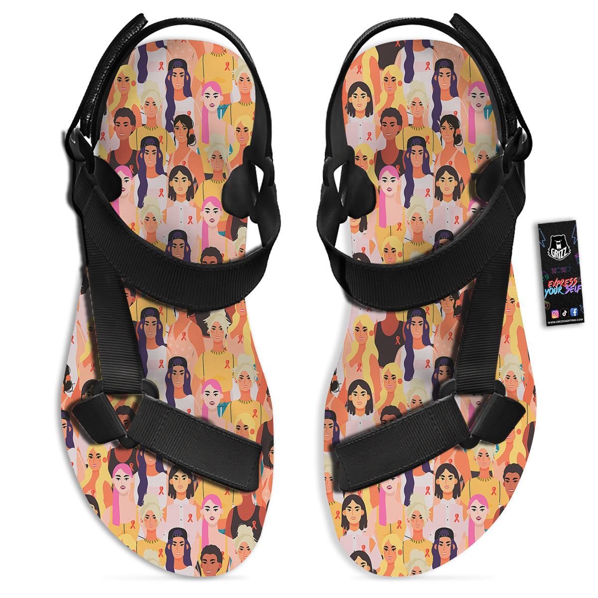 Breast Cancer Be Strong Print Pattern Black Open Toe Sandals-grizzshop