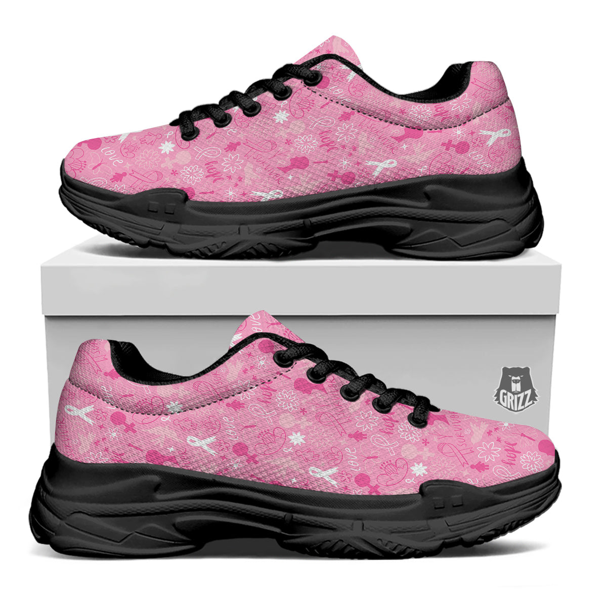Breast Cancer Cute Pink Print Pattern Cute Black Chunky Shoes-grizzshop