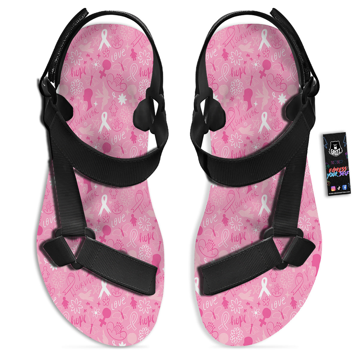 Breast Cancer Cute Pink Print Pattern Cute Black Open Toe Sandals-grizzshop