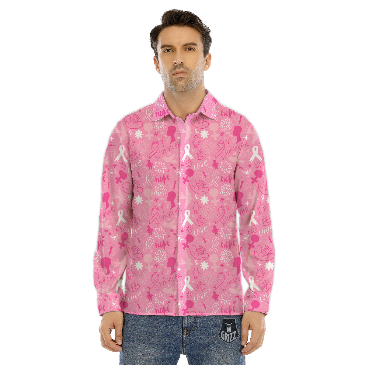 Breast Cancer Cute Pink Print Pattern Cute Men's Dress Shirts-grizzshop