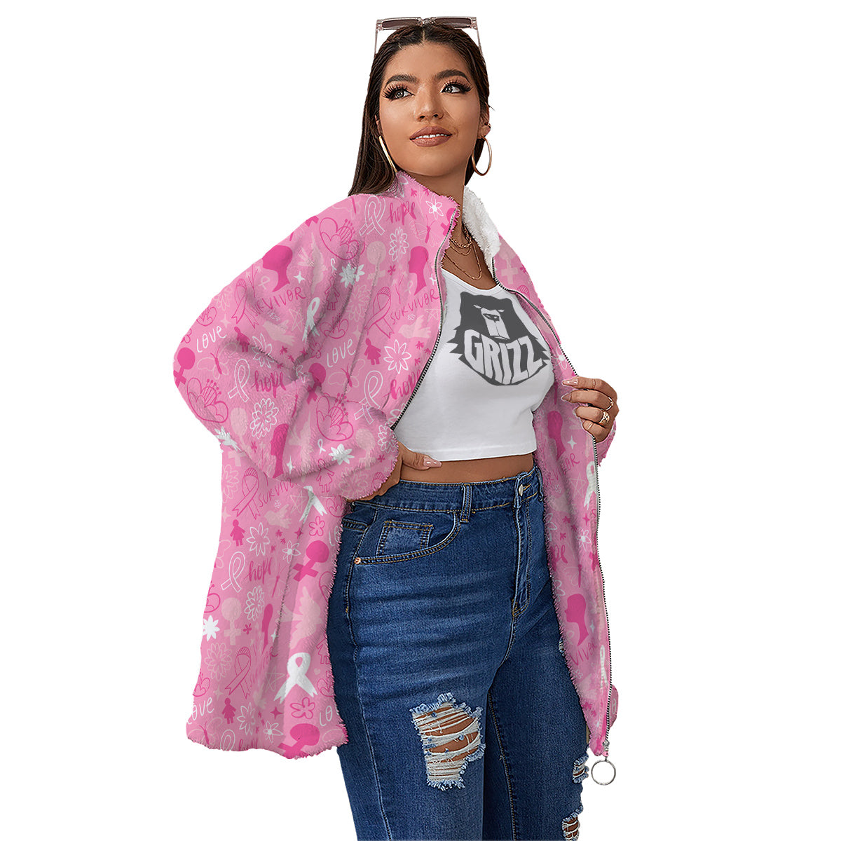 Breast Cancer Cute Pink Print Pattern Cute Women's Sherpa Jacket-grizzshop