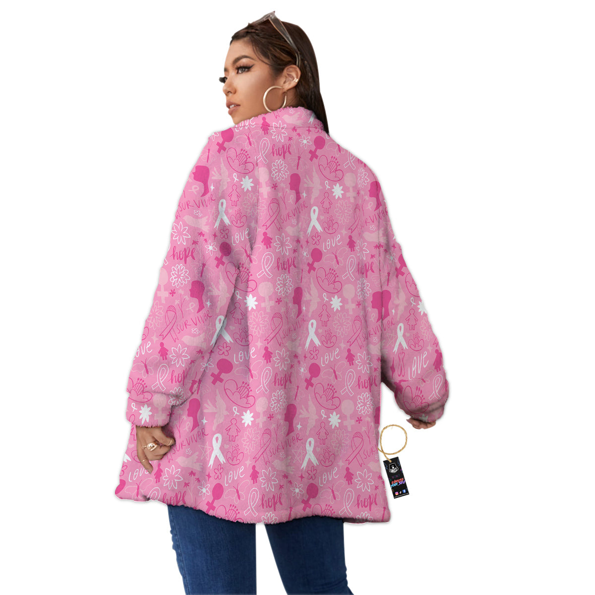 Breast Cancer Cute Pink Print Pattern Cute Women's Sherpa Jacket-grizzshop