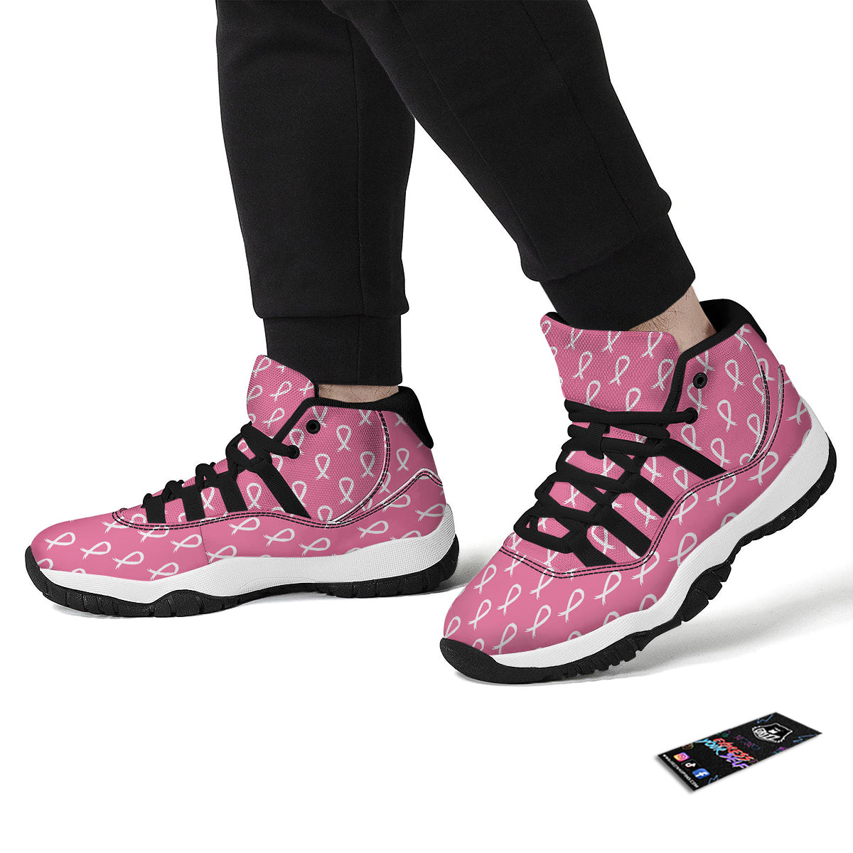 Breast Cancer Pink And White Print Pattern Black Bball Shoes-grizzshop