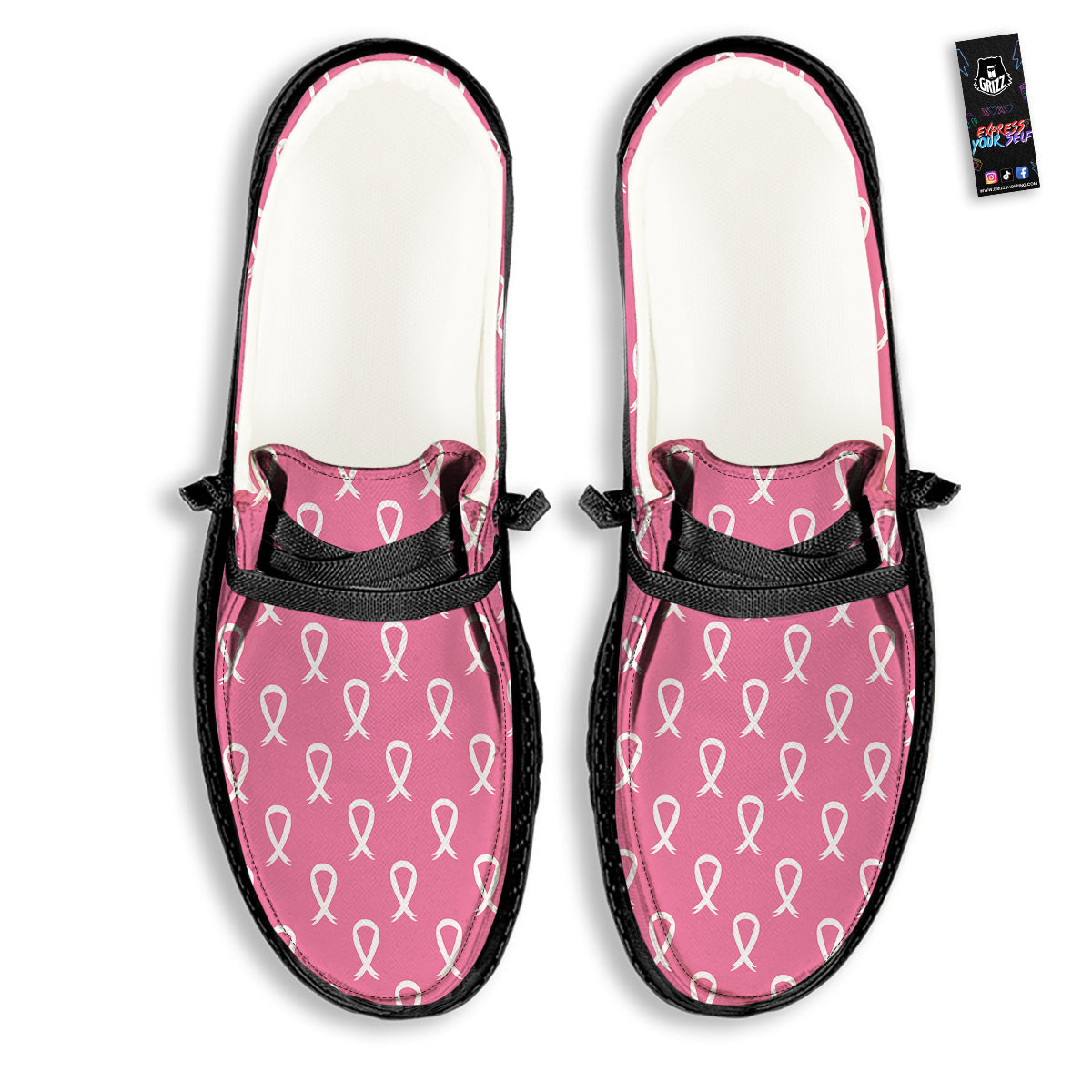 Breast Cancer Pink And White Print Pattern Black Loafers-grizzshop