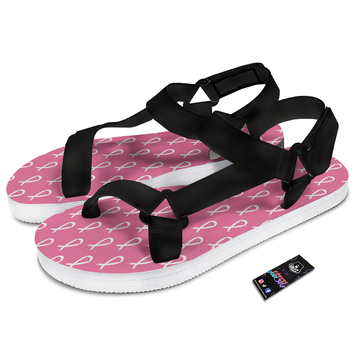 Breast Cancer Pink And White Print Pattern Black Open Toe Sandals-grizzshop