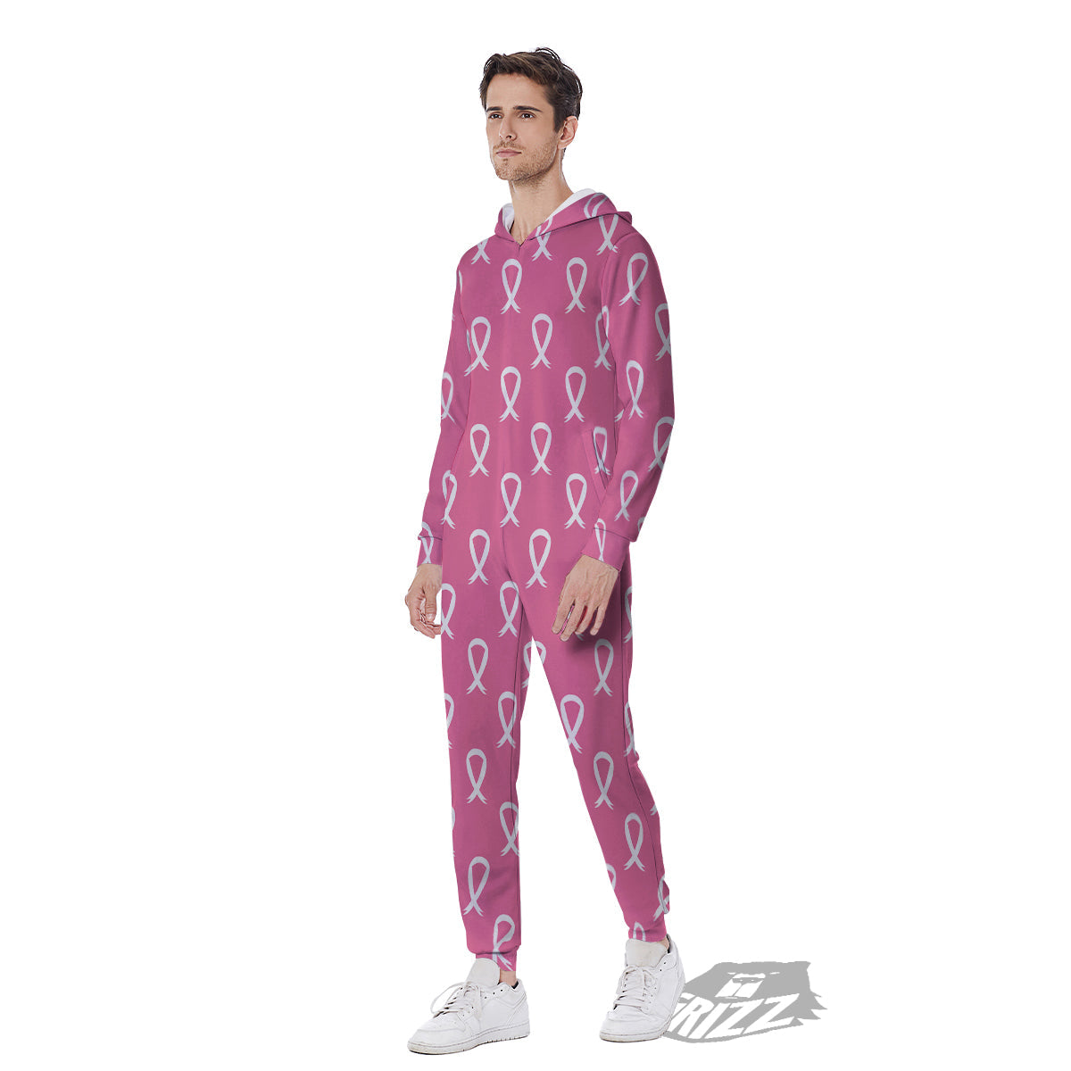 Breast Cancer Pink And White Print Pattern Men's Jumpsuit-grizzshop