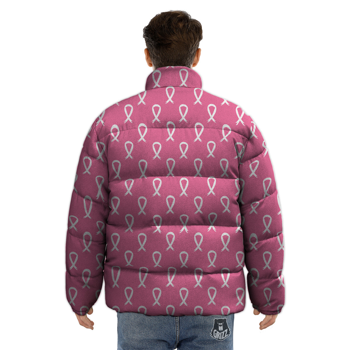 Breast Cancer Pink And White Print Pattern Puffer Jacket-grizzshop