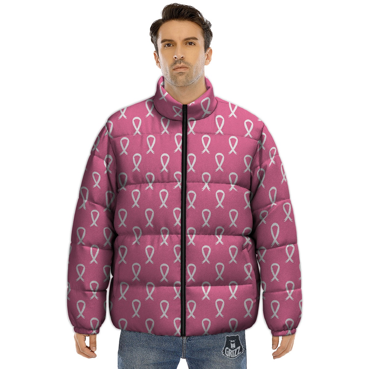 Breast Cancer Pink And White Print Pattern Puffer Jacket-grizzshop