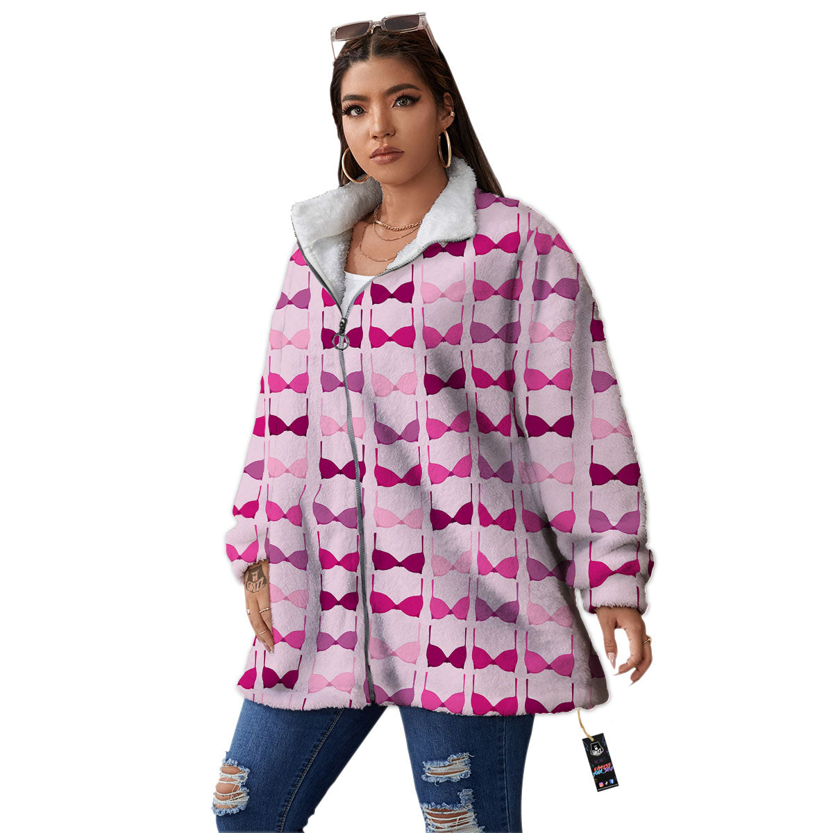 Breast Cancer Pink Bra Print Pattern Women's Sherpa Jacket-grizzshop