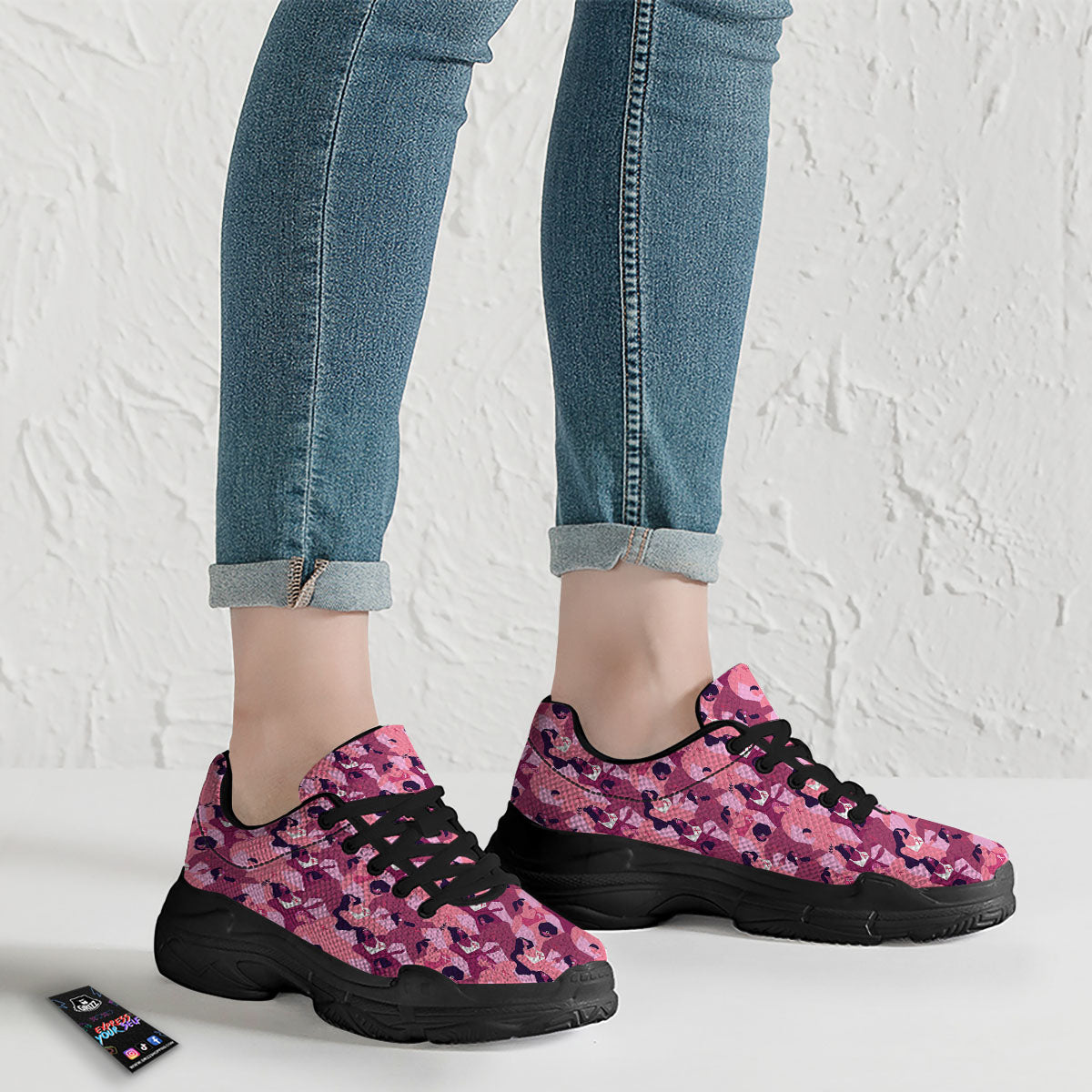 Breast Cancer Pink Print Pattern Black Chunky Shoes-grizzshop