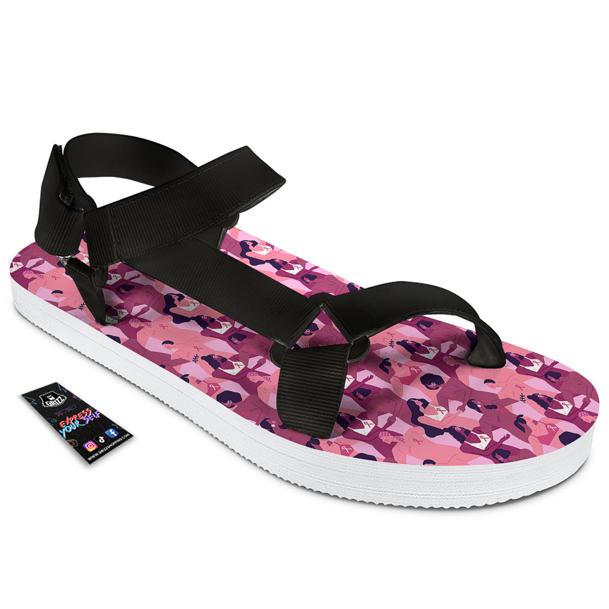 Breast Cancer Pink Print Pattern Black Open Toe Sandals-grizzshop