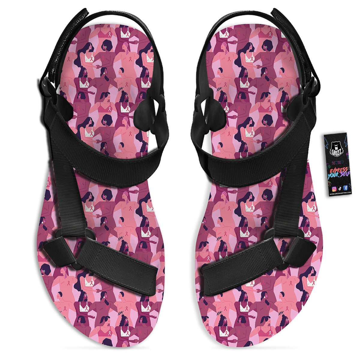 Breast Cancer Pink Print Pattern Black Open Toe Sandals-grizzshop