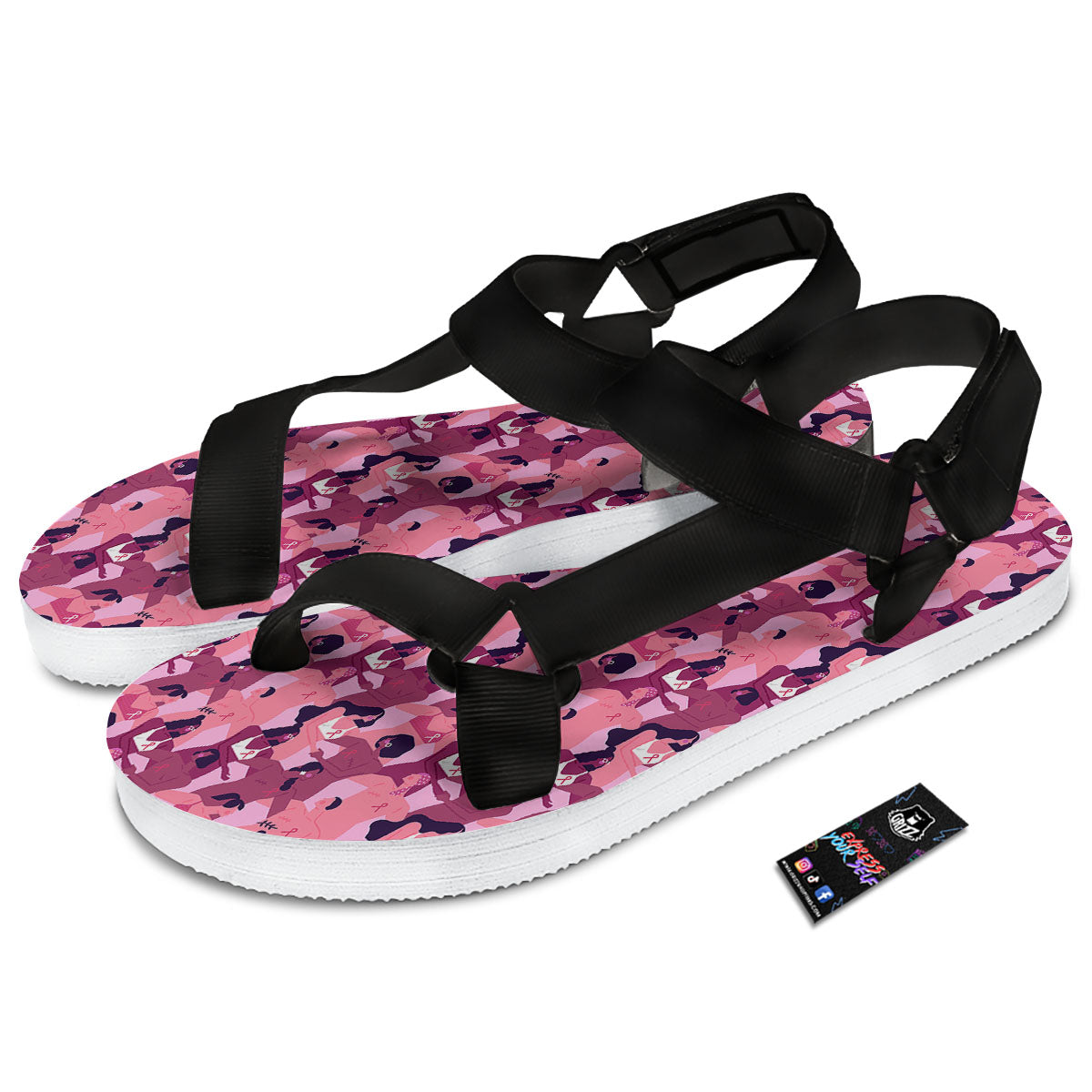 Breast Cancer Pink Print Pattern Black Open Toe Sandals-grizzshop