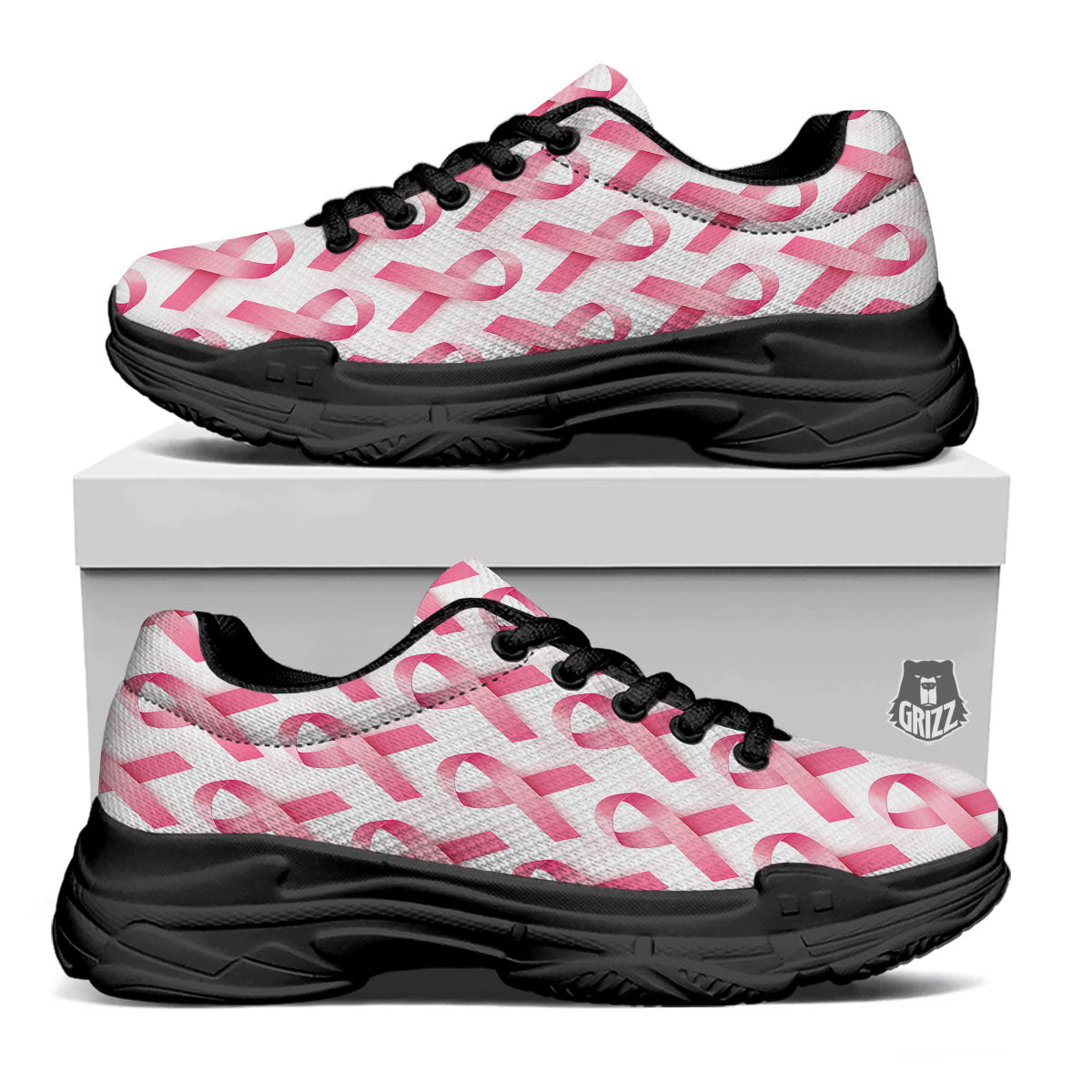 Breast Cancer Pink Ribbon Print Pattern Black Chunky Shoes-grizzshop