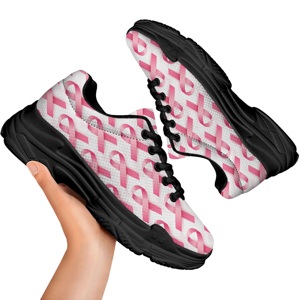 Breast Cancer Pink Ribbon Print Pattern Black Chunky Shoes-grizzshop