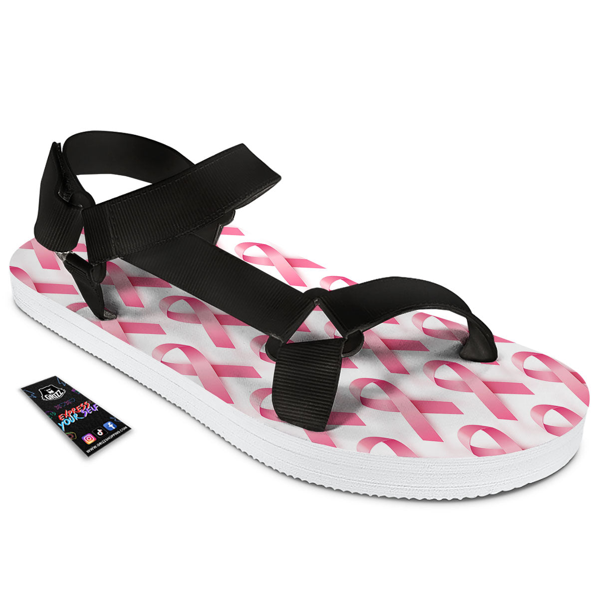 Breast Cancer Pink Ribbon Print Pattern Black Open Toe Sandals-grizzshop