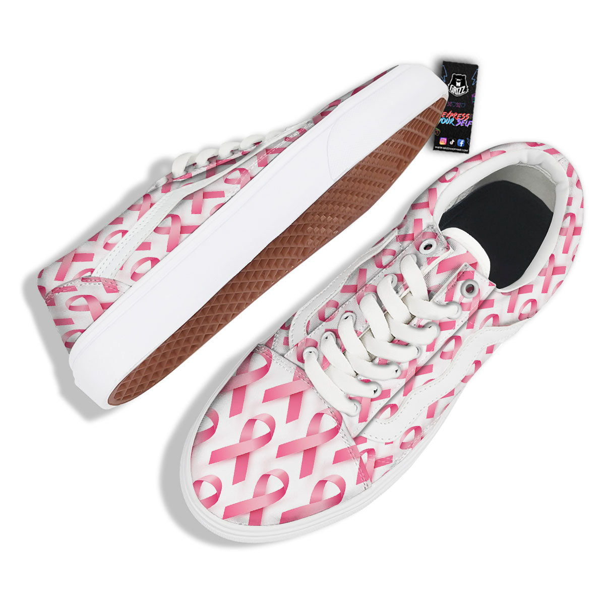 Breast Cancer Pink Ribbon Print Pattern Skate Shoes-grizzshop