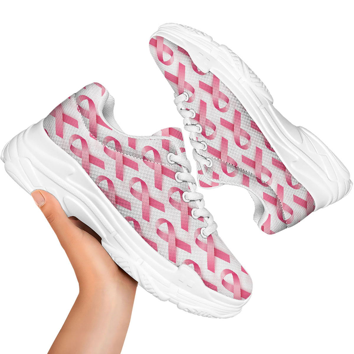 Breast Cancer Pink Ribbon Print Pattern White Chunky Shoes-grizzshop