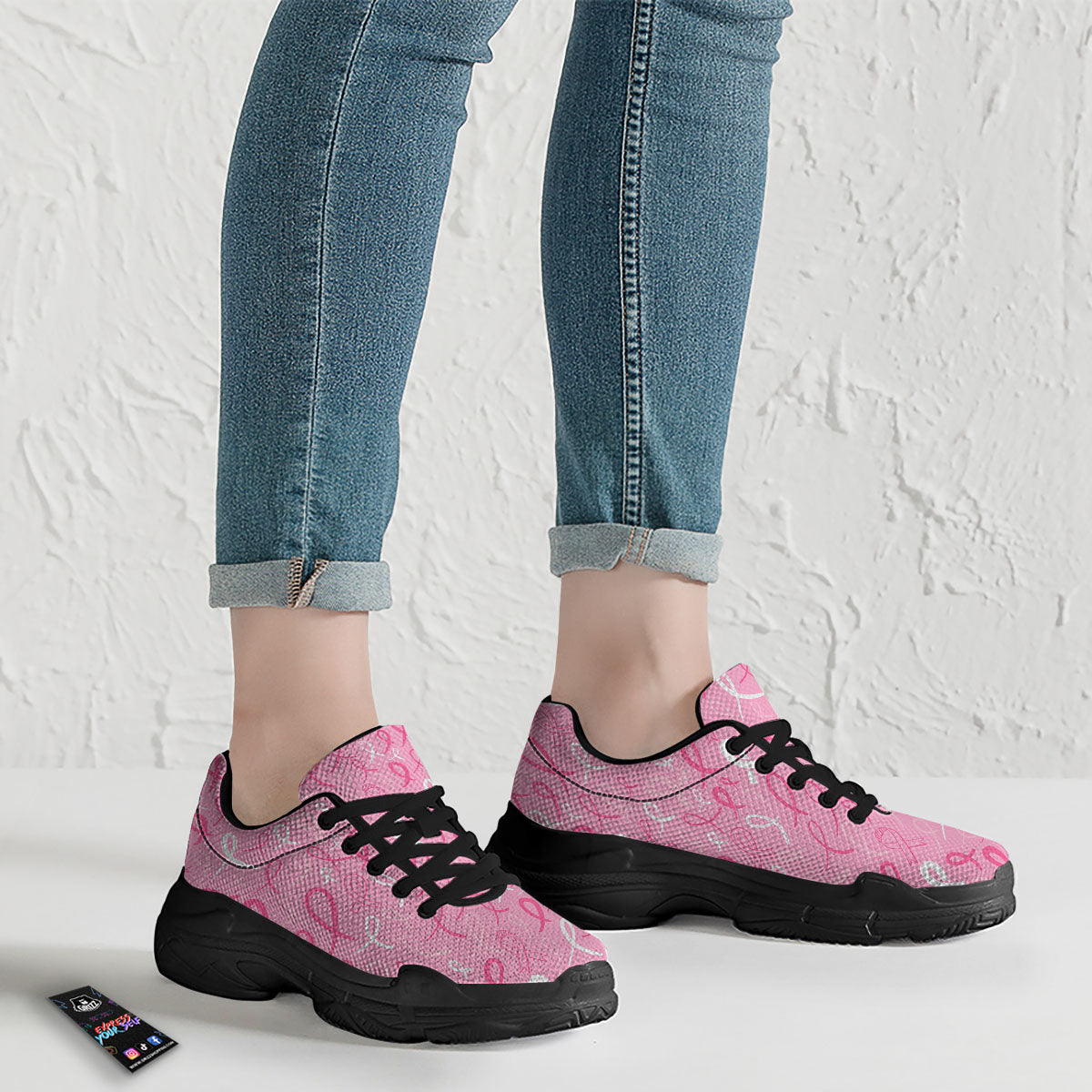 Breast Cancer Ribbon Pink Print Pattern Black Chunky Shoes-grizzshop
