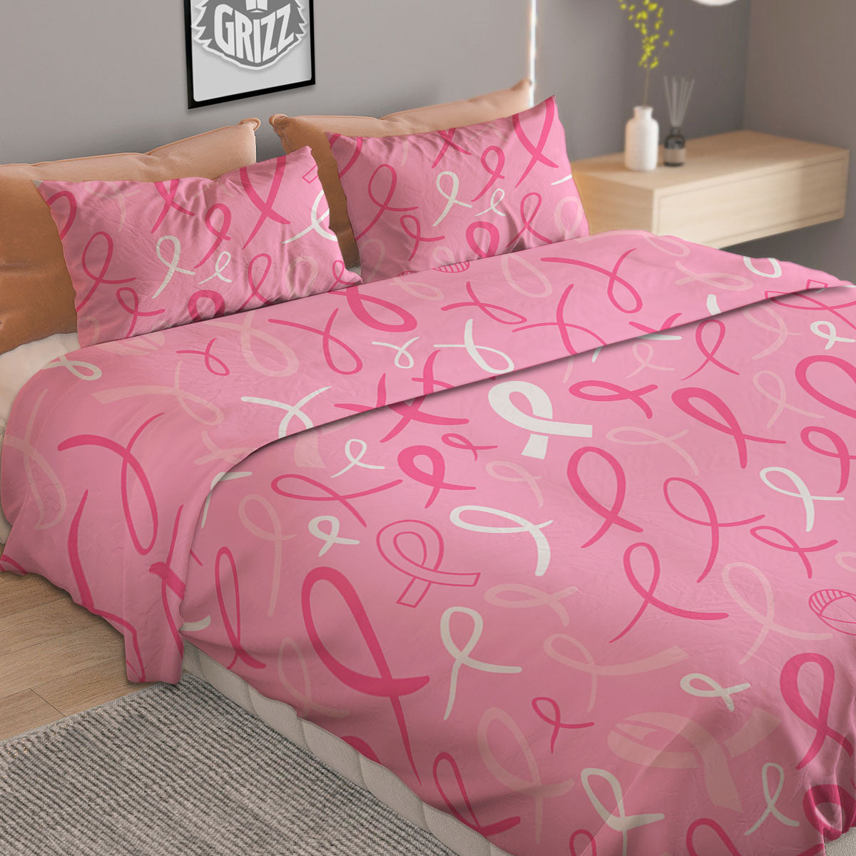 Breast Cancer Ribbon Pink Print Pattern Duvet Cover Bedding Set