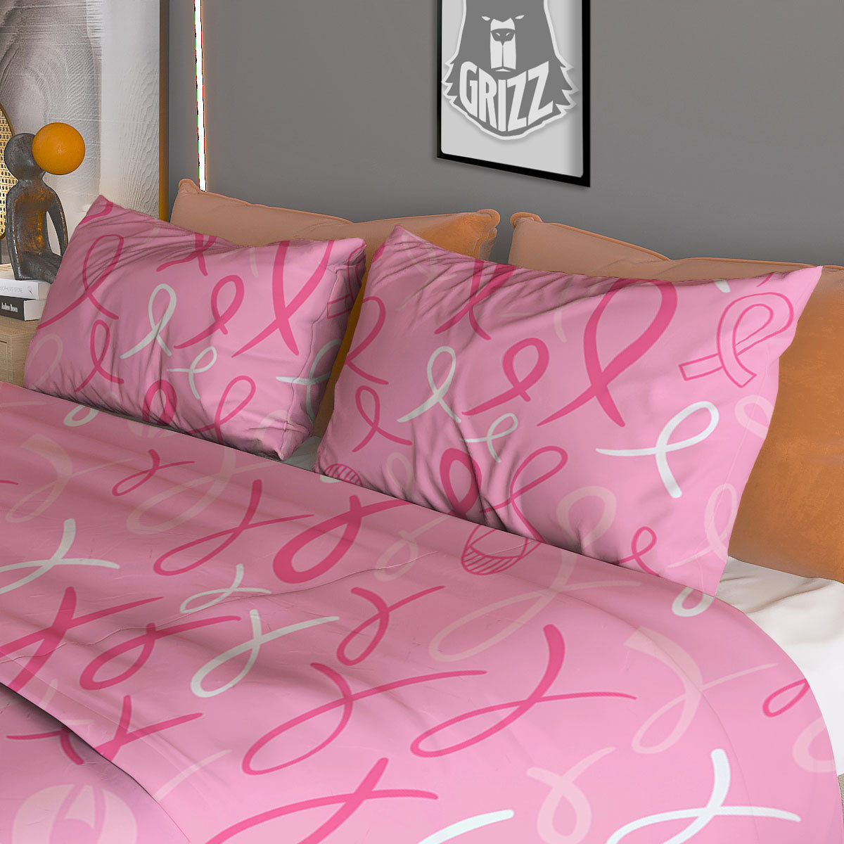 Breast Cancer Ribbon Pink Print Pattern Duvet Cover Bedding Set