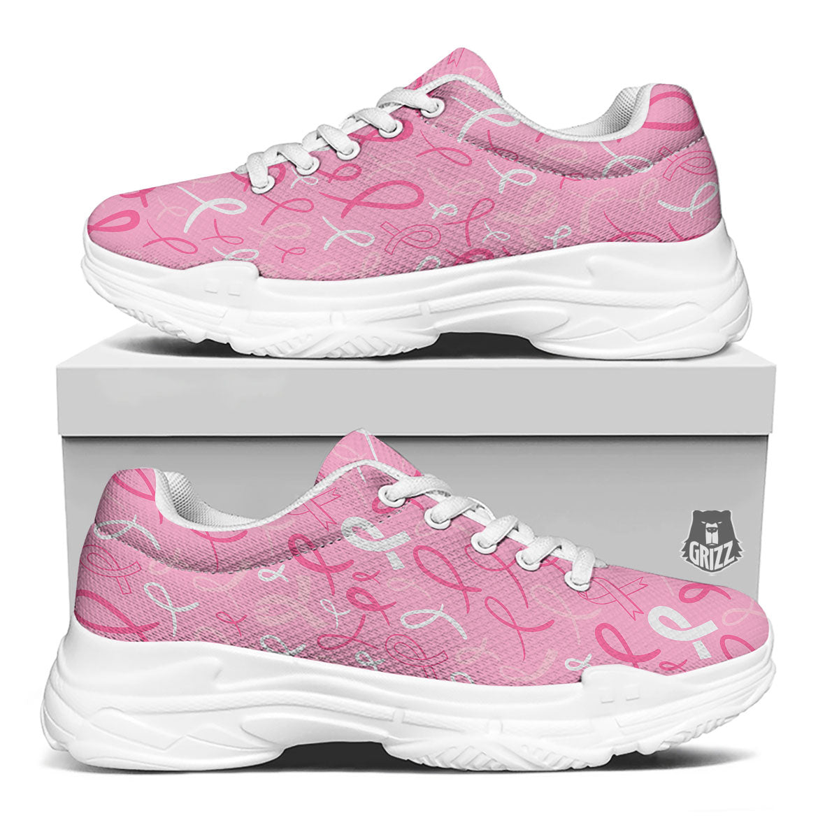 Breast Cancer Ribbon Pink Print Pattern White Chunky Shoes-grizzshop