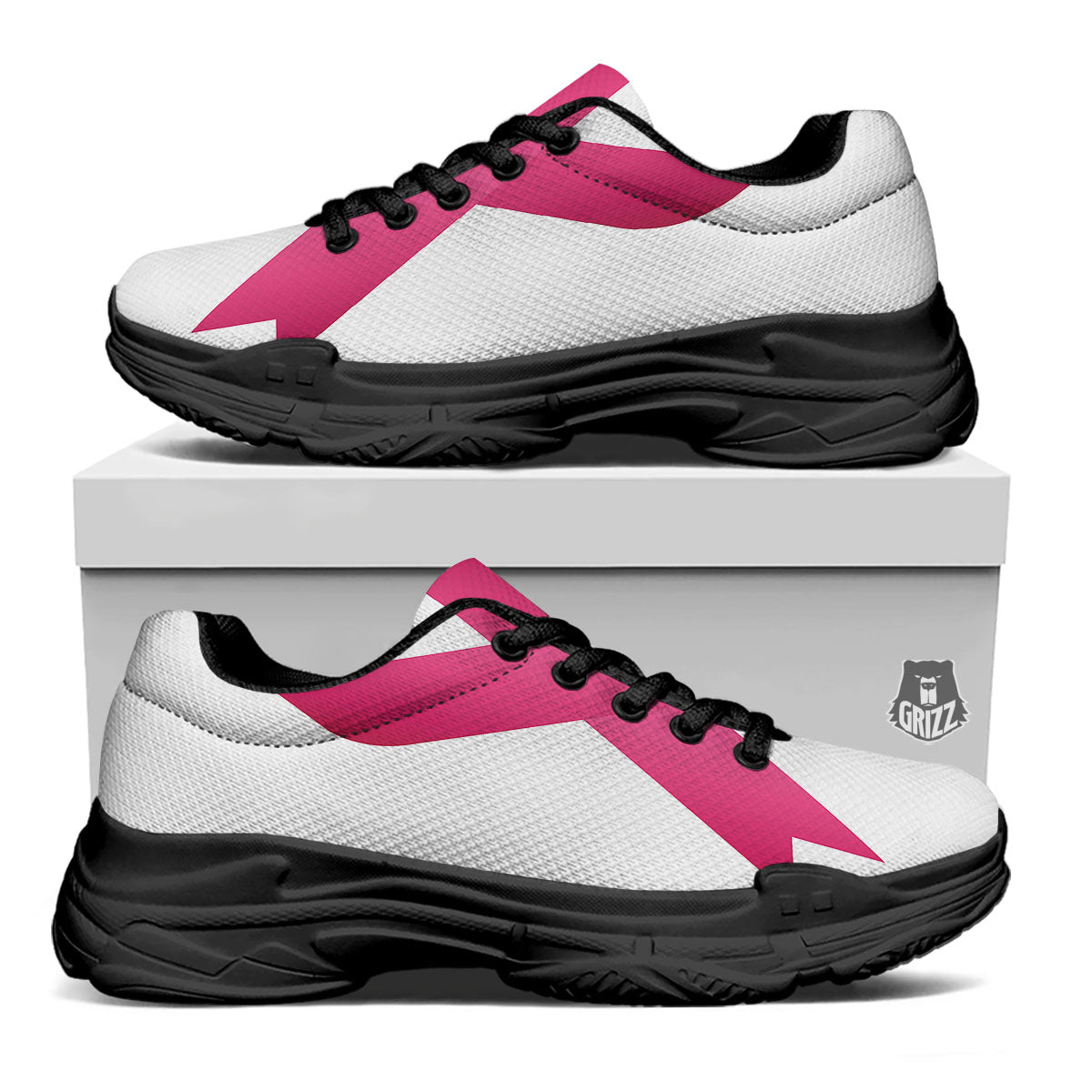 Breast Cancer White And Pink Print Black Chunky Shoes-grizzshop