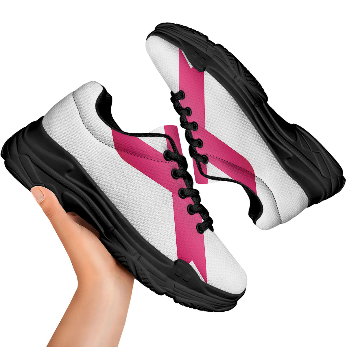 Breast Cancer White And Pink Print Black Chunky Shoes-grizzshop