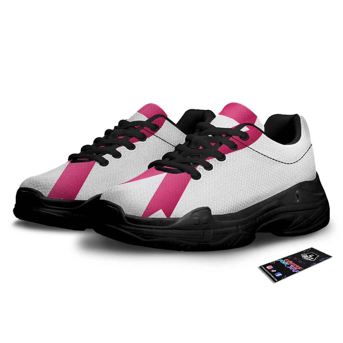 Breast Cancer White And Pink Print Black Chunky Shoes-grizzshop