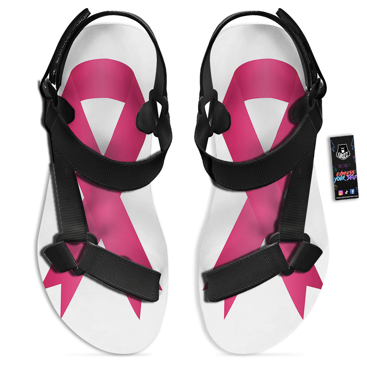 Breast Cancer White And Pink Print Black Open Toe Sandals-grizzshop
